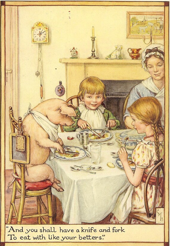 Vintage 1928 Cicely Mary Barker Children's Print Pig Sitting At The Meal TableWith Family Eating With Knife And Fork Book Plate