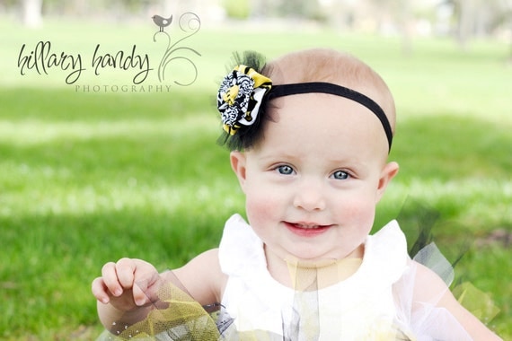 Baby Bee Headband  Bumble Bee Fabric Yoyo Headband  Toddler Girls