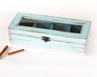 Light BlueTea Wooden Box, Tea Box, Tea Box Container, Shabby Chic tea box / storage box/, Jewelry box, Jewelry Organizer