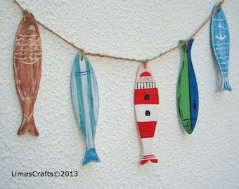 Rustic Handmade Wooden Fishes Garland, Decorative Fishes, Fish Nursery Decoration, Wooden Colourful Fishes, Fish Garland, Nautical Bunting