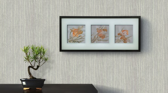 Triptych - Yellow irises in the garden after the rain - paintings on recycled paper and silk - original artwork - Floral painting - OOAK