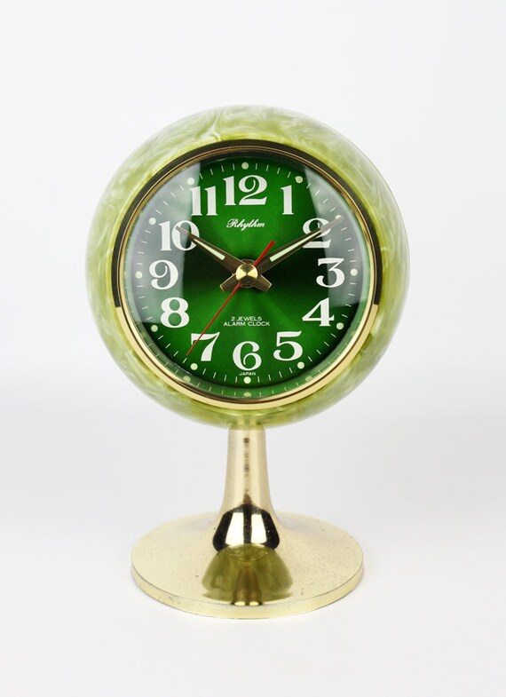 1970s Retro Japanese Rhythm Pedestal Alarm Clock in a Green