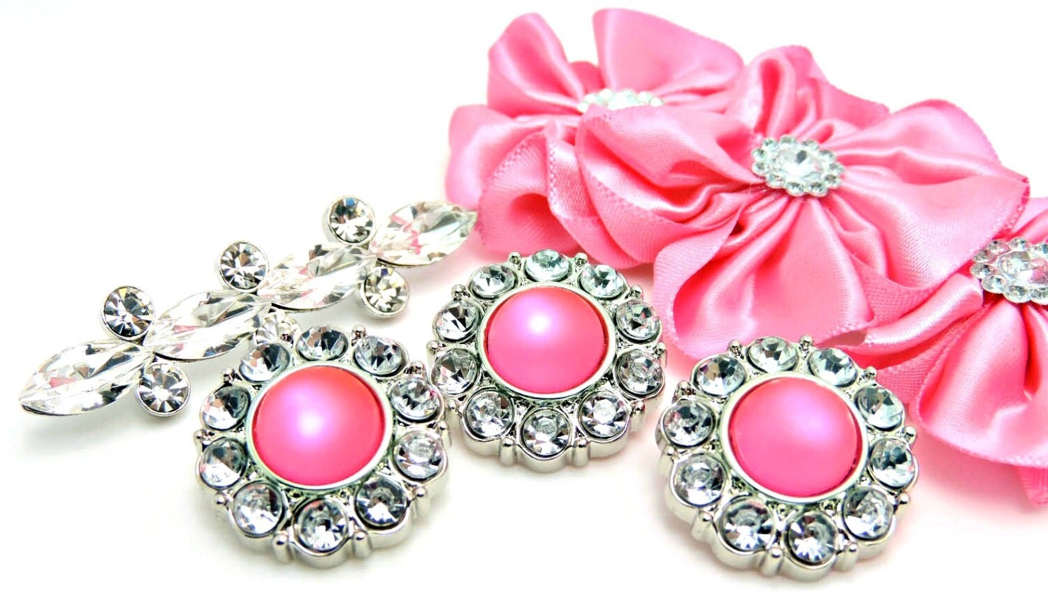 5 Hot Pink Rhinestone Buttons Plastic Acrylic by TheButtonSisters