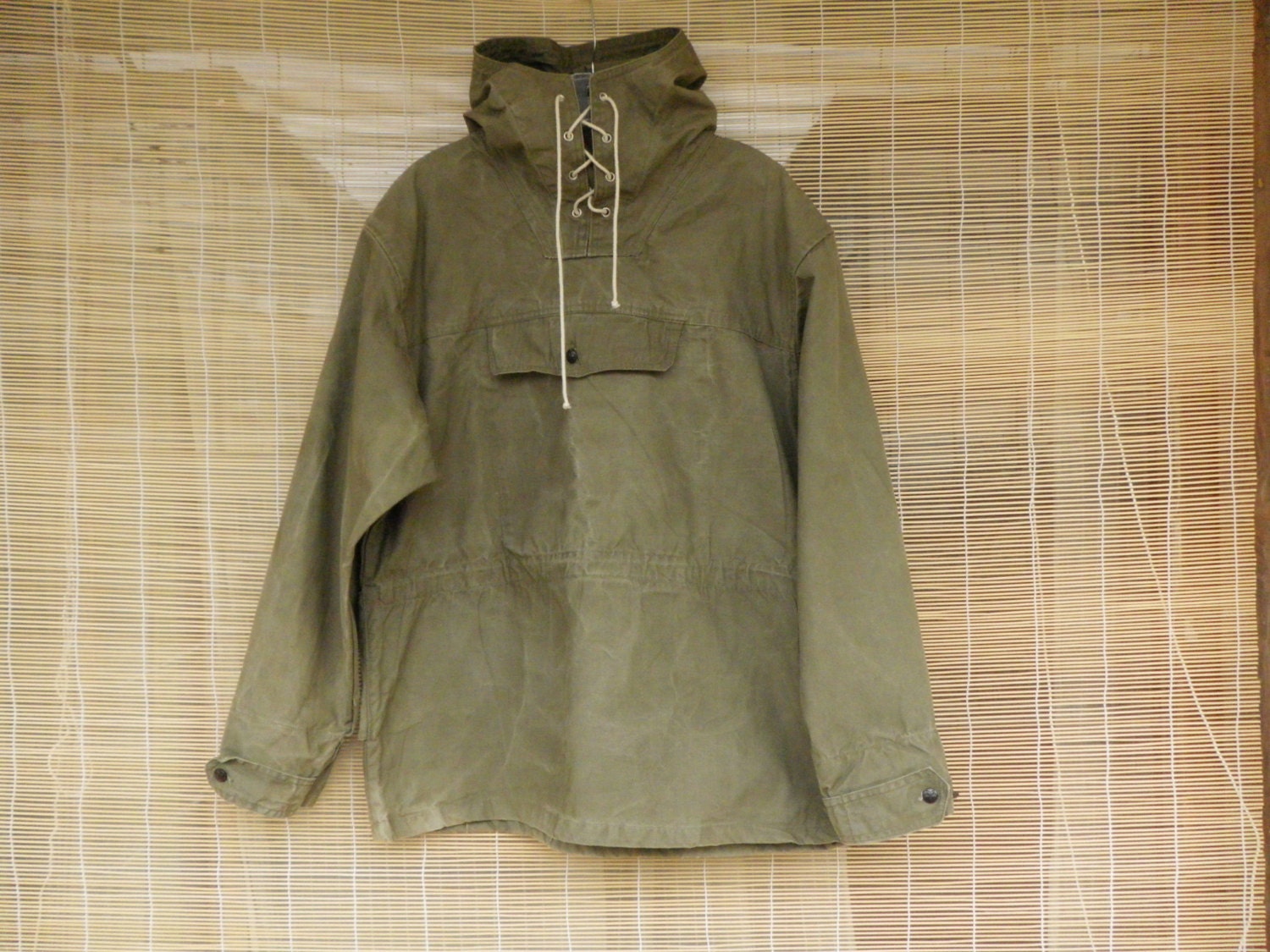 Vintage 1940's Army Green Canvas Hooded Pullover Anorak