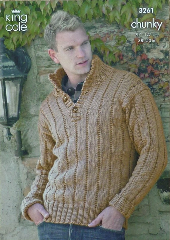 K3261 Mens Buttoned Neck Jumper Knitting by KnittingPatterns4U