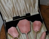 Pink and Chrome Plate Mirror and Brush Vanity Dressing Table Set