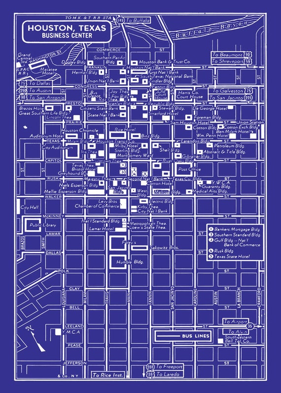 1949 Vintage Map of Downtown Houston Texas Blueprint Print