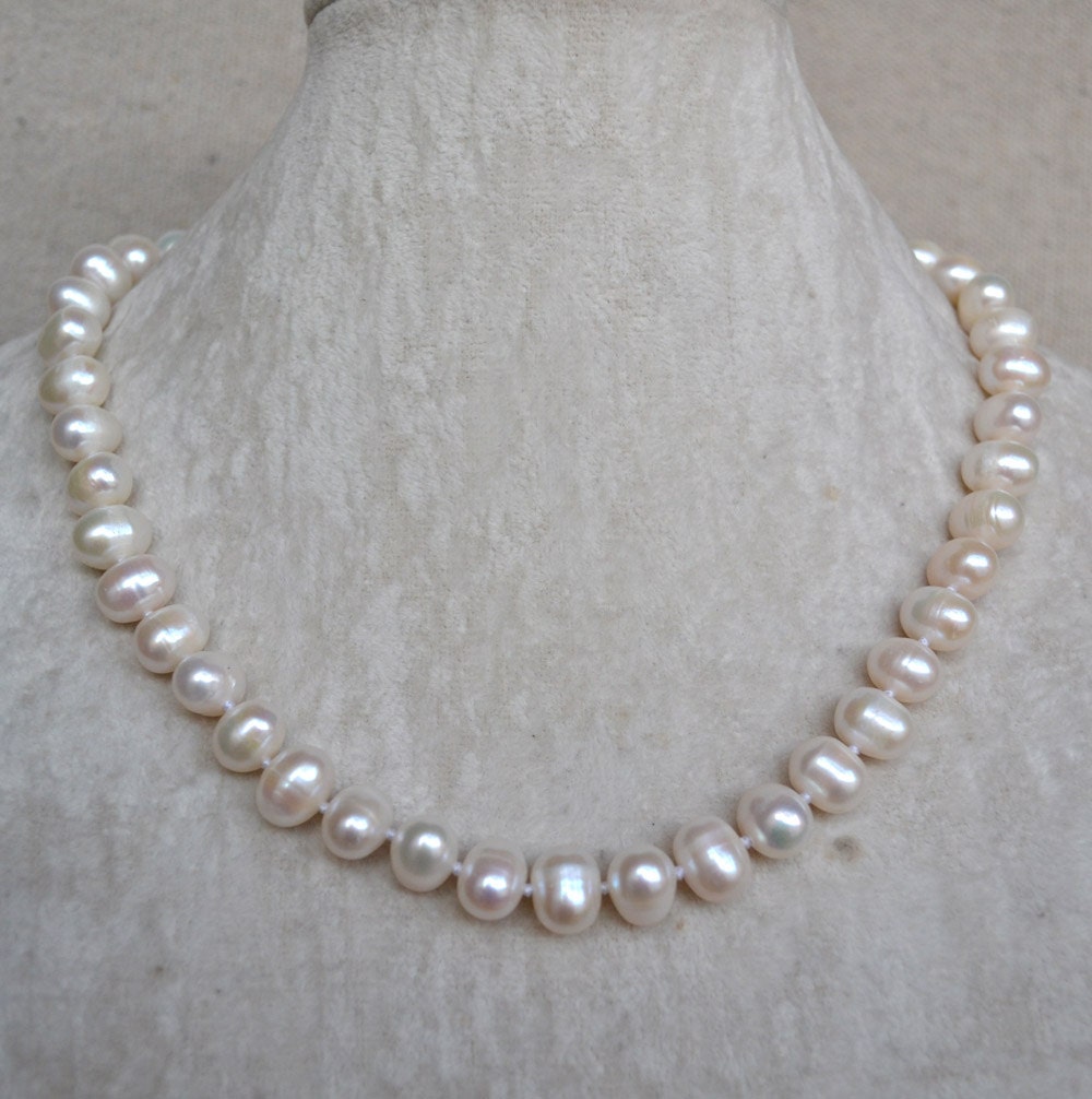 White Pearl Necklace 9 10mm Freshwater Pearl Necklace