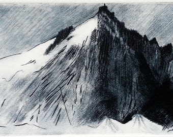 Aiguille Du Midi - Drypoint/engraving print onto watercolour paper