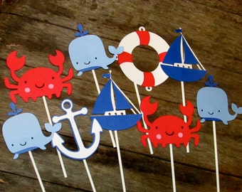 12 Nautical Cupcake topper Sticks, Treat topper sticks Crab, whale, anchor, sailboat