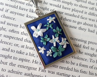 Embroidered Flower Necklace Blue and White - Silk Ribbon Embroidery By BeanTown Embroidery