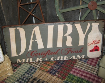 Primitive Sign Wood Sign " Dairy - Milk and Cream " Farm Kitchen Roosters Country Folkart