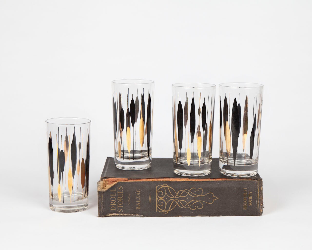 Mid Century Black And Gold Drinking Glasses Retro Tumblers Set