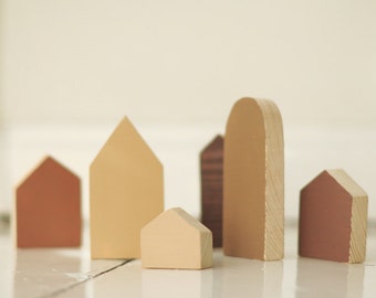 SET of 6 pcs - brown houses - hand painted wooden village, miniature village, hand painted house, little wooden house, decorative house