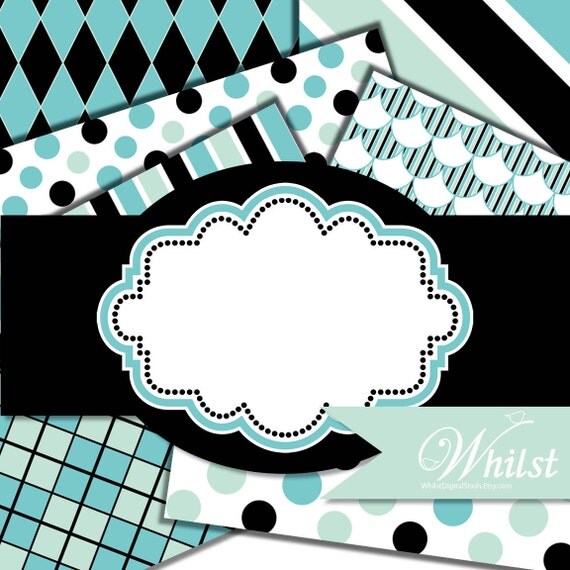 Aqua blue and black digital paper school supplies party frame clip art : p0220 3s212249 IP Il_570xn