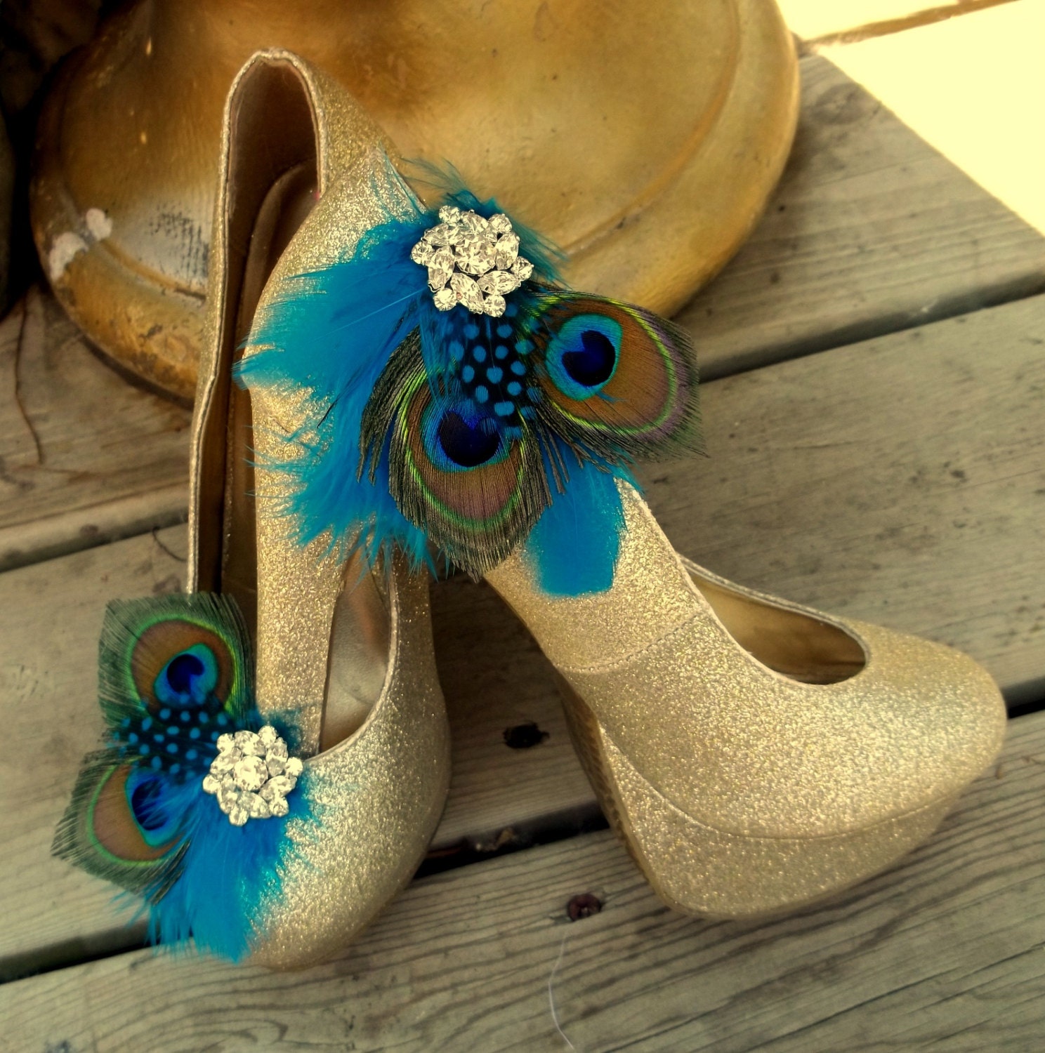 Feather Shoe Clips Peacock Shoe Clips Turquoise by ShoeClipsOnly