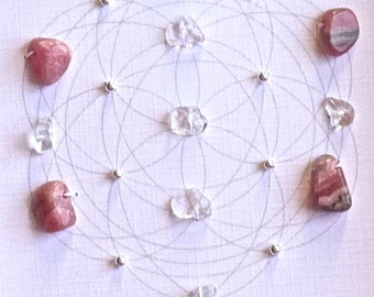 RHODOCROSITE -- CRYSTAL GRID--- framed crystal grid with sacred geometry