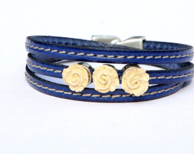 Flower Bracelet - Leather wrap With Flower Charms - Romantic Leather Bracelet
