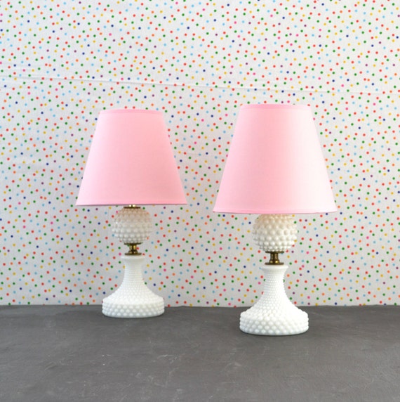 White Hobnail Lamps Pink Shade White Polka Dots Bedside