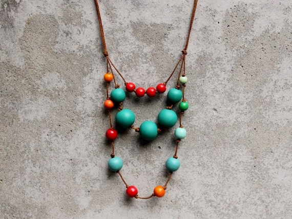 Contemporary statement necklace, emerald and red bib necklace, wooden bead, boho, free shipping.