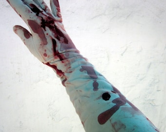 Upcycled Vintage Blood Splattered Ivory Elbow Length Gloves. Zombie, Vampire, Bloody, Horror Costume. FREE SHIPPING USA