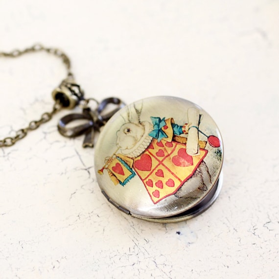 Alice in Wonderland Necklace Locket - Rabbit with a clock necklace - Victorian style