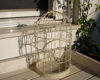 shabby chic,small,vintage ivory wire bird cage-Victorian style with hinged door & hanging chain, wedding table decor