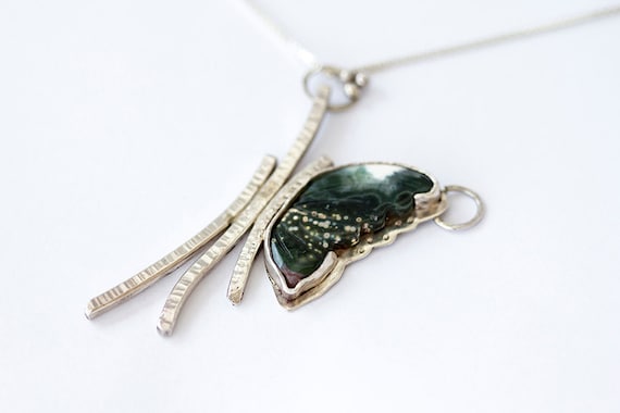 Green Butterfly Pendant Necklace - Silver pendant with Jasper Stone, artisan jewelry, one of a kind gift for her