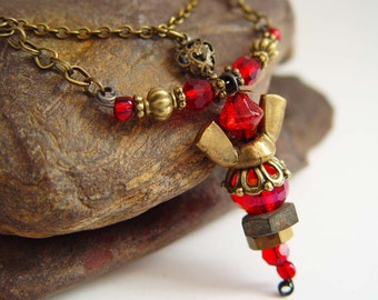 Antique Bronze and Blood Red Iridescent Beaded Wing Nut Angel Necklace with Heart Charm
