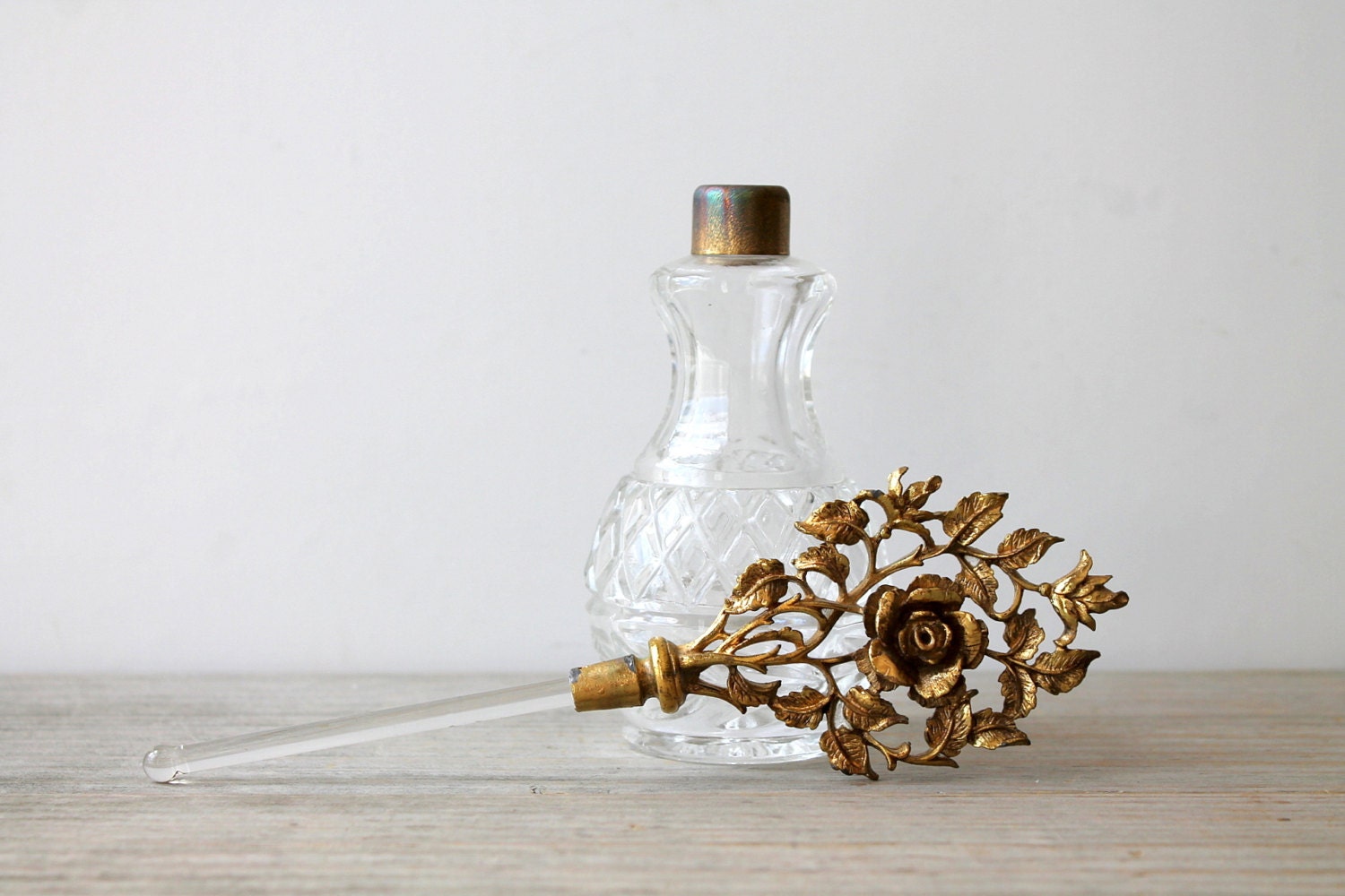 Vintage clear glass perfume bottle / ornate / by WhiteDogVintage