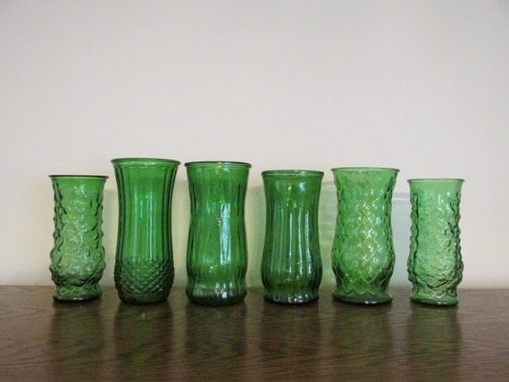 Set of 6 Large Vintage Emerald Green Glass Vases- Large