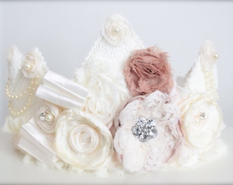 Vintage Inspired Lace Ivory and Nude Toned Rosette Fabric Crown - Perfect Birthday Hat or Wedding Photography Prop