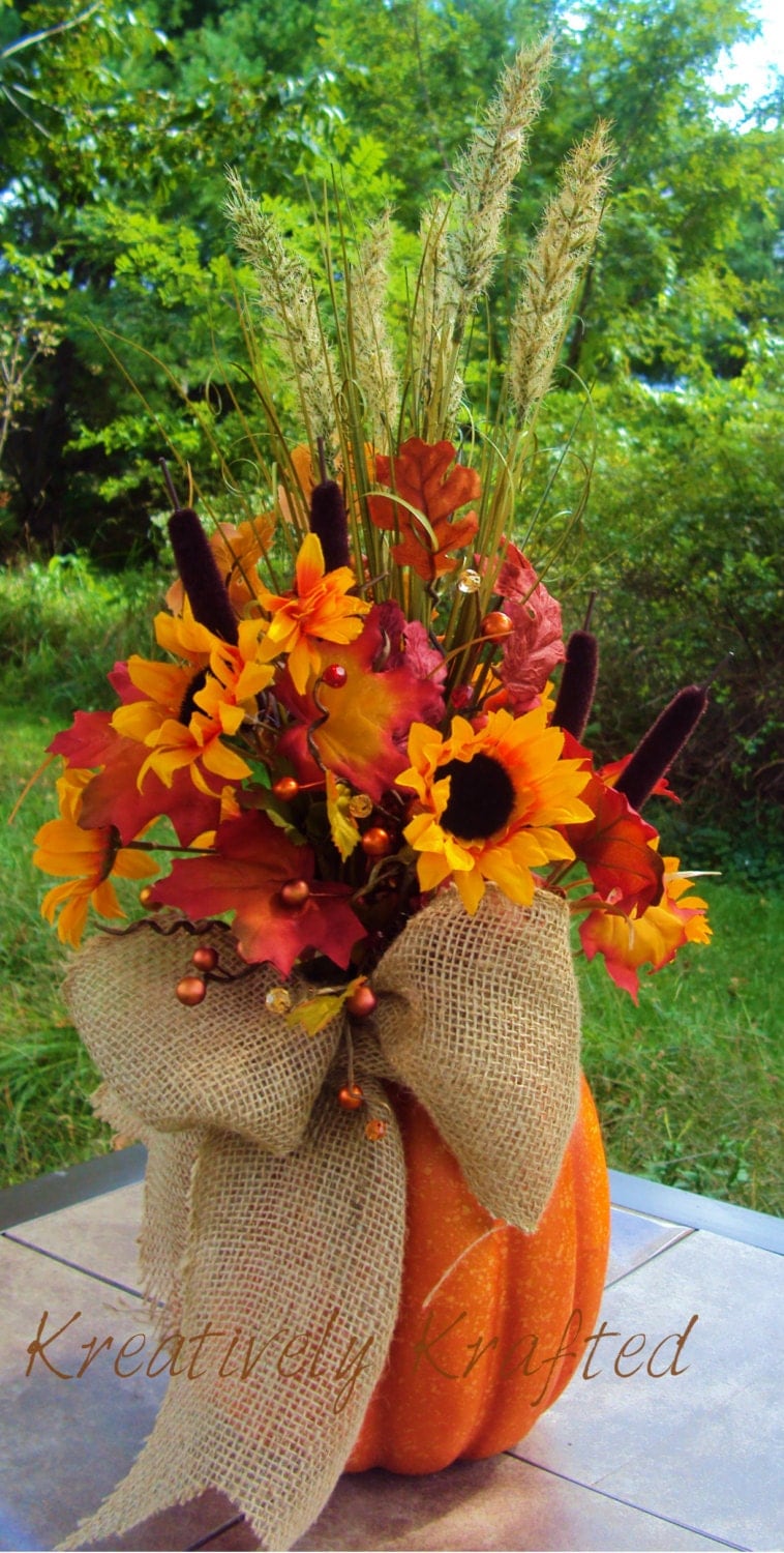 Large Pumpkin Autumn Floral Arrangement Table Centerpiece Fall