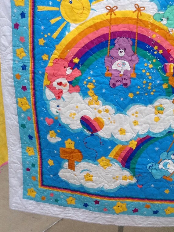Classic Care bear rainbow baby quilt blue by TinaZee on Etsy