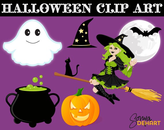 80% OFF Sale Clipart Halloween Witch Chost Cauldron Bat Moon Pumpkin Personal and Commercial Use Commercial Use Il_570xn
