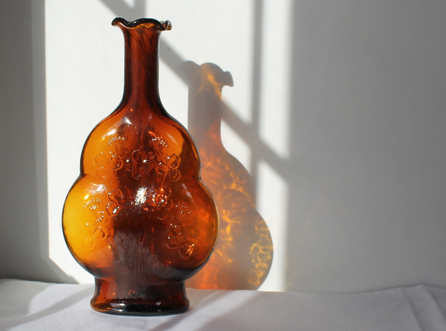 Vintage Fluted Glass Amber Brown Bottle with Embossed Flower