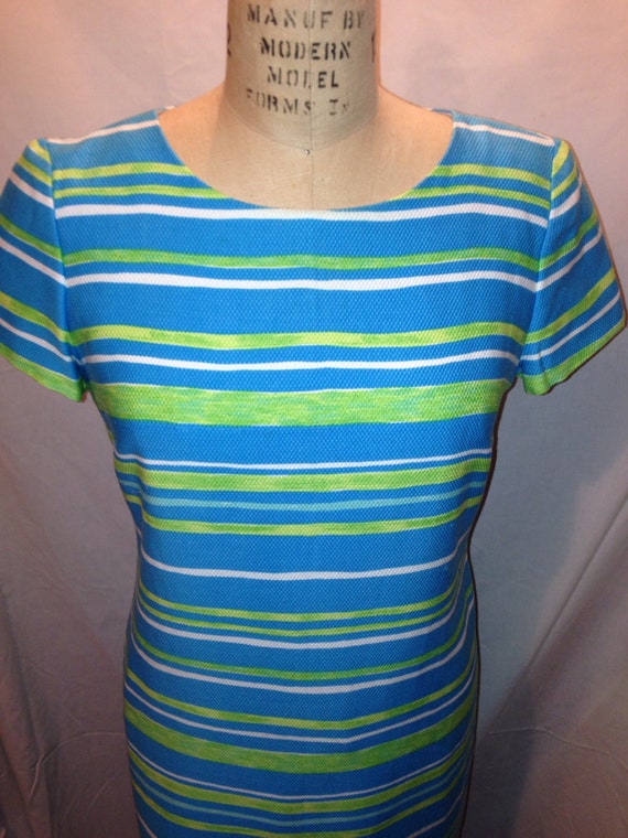 Positive Attitude 80s Blue Short Sleeve Stripe Summer Dress Size 10 Sale d51