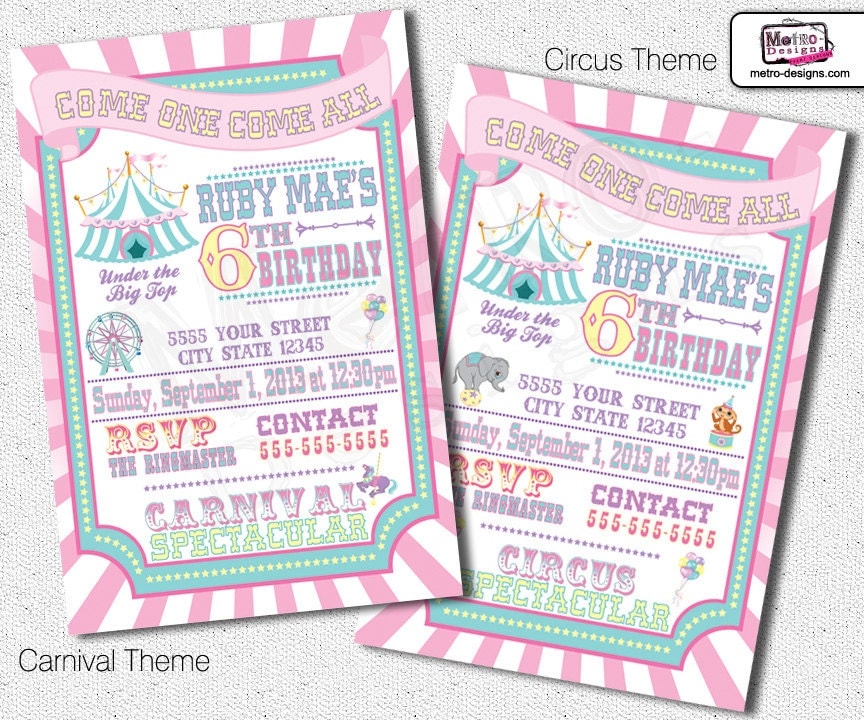 Pink Pastel Baby Carnival or Circus Invitations