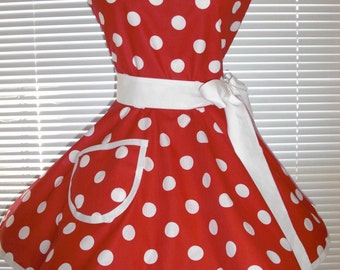 1950s Retro Pinup Apron Red Big White Polka Dots Circular Flirty Skirt