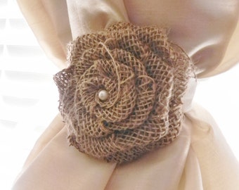Burlap Rose Curtain Tie Back - Choose Your Size and Color - Rustic Curtain Tie Back