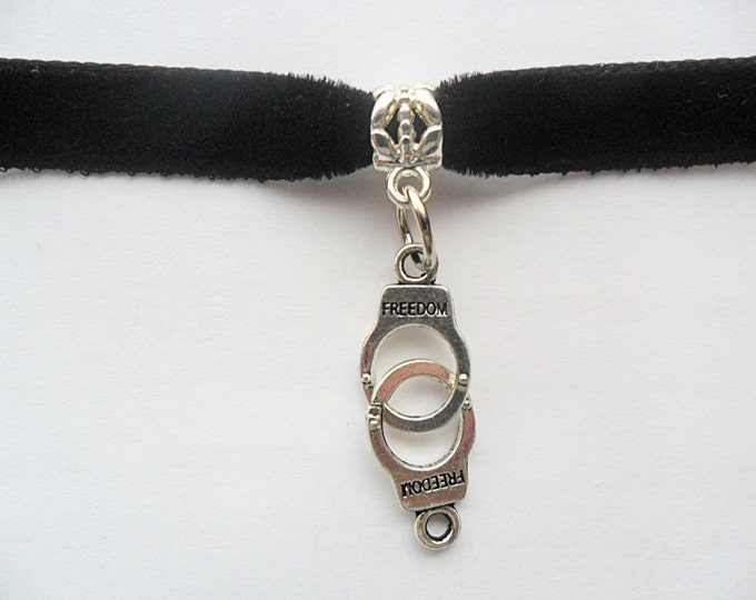 Velvet choker necklace with handcuff charm and a width of 3/8”Black Ribbon Choker Necklace(pick your neck size)