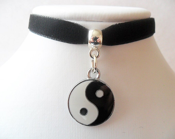 Velvet choker necklace with silver tone Yin Yang charm pendant and a width of 3/8” Ribbon Choker Necklace (pick your neck size)