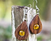 new dimension of wooden jewellery - handmade walnut earrings -  teardrop earrings - yellow earrings - teardrop wood - walnut wooden earrings