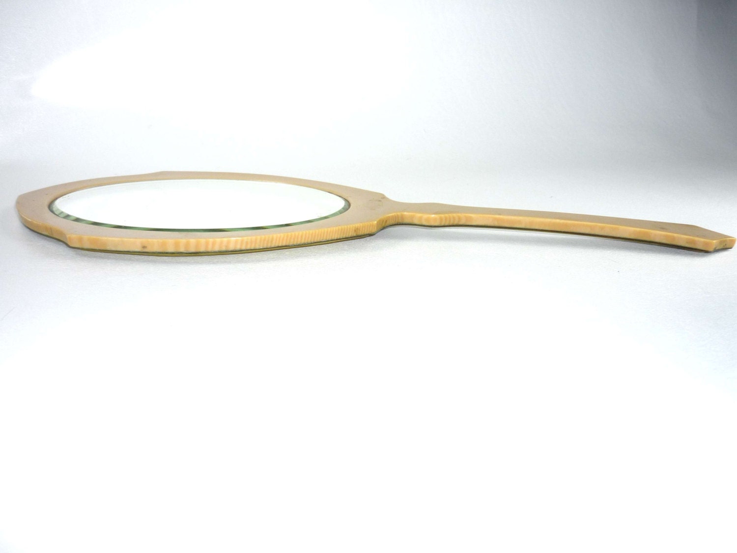 Vintage Hand Held Mirror Belveled Glass Yellow Green Plastic