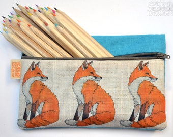 Fox Illustration Linen Zipper Pencil Pouch / Makeup Bag / Pencil Case