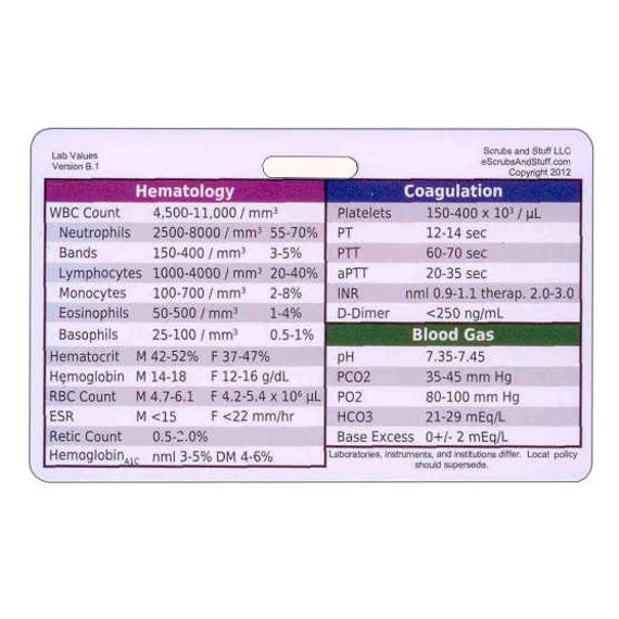 Laboratory Values Badge Card Reference Horizontal For Nurse