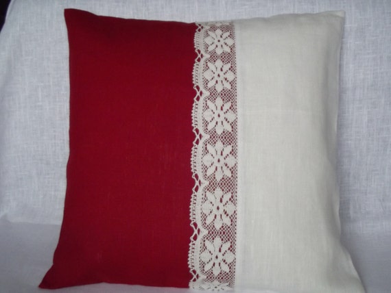Decorative throw pillow cover natural linen cushion red white
