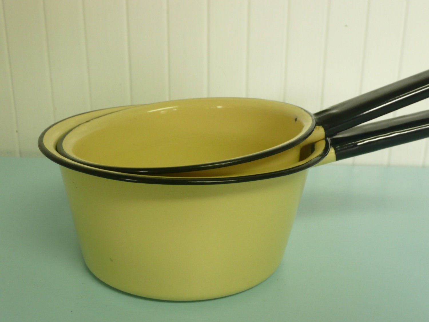 RESERVED Vintage Yellow Enamel Cookware Set Matching Set of