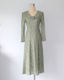 1980s Green Lace Maxi Dress / Vintage Long Lace Dress / Size Small