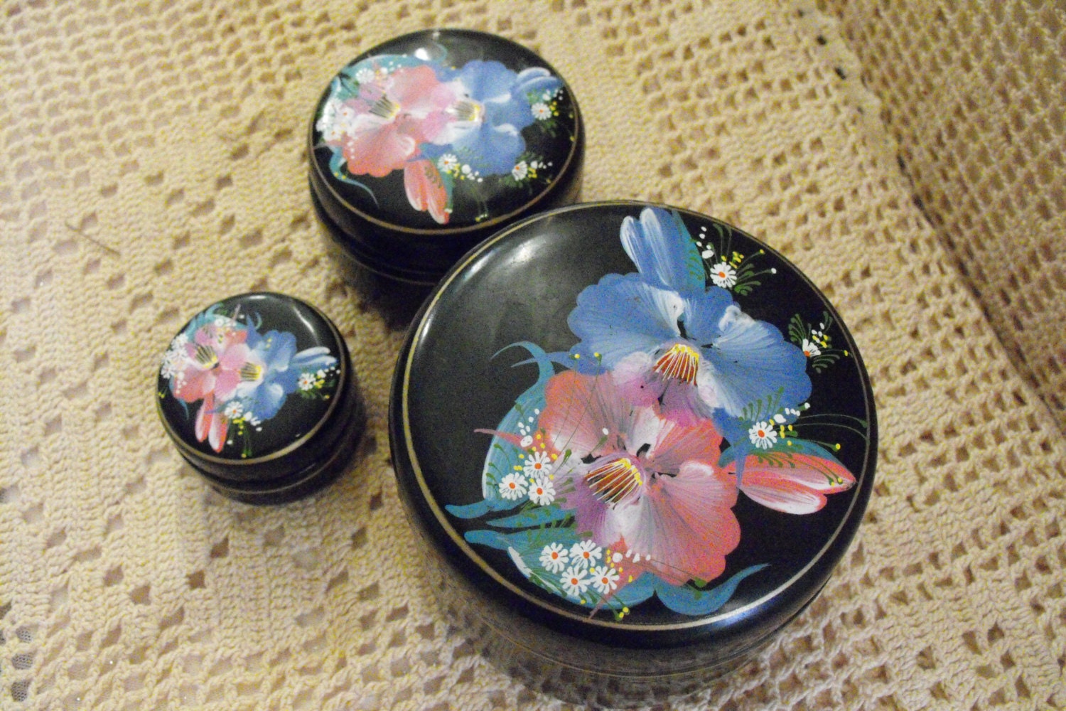 Asian Nesting Vanity Boxes, black and floral (set of three) Hong Kong